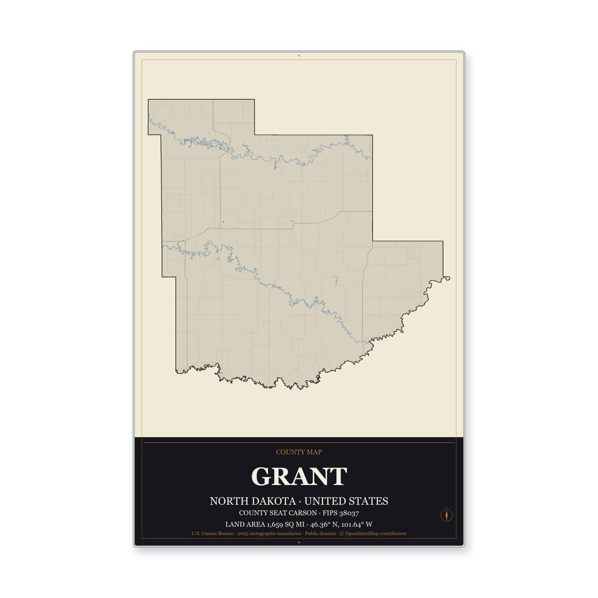 Grant County, North Dakota Map Aluminum Sign in Museum Plaque style