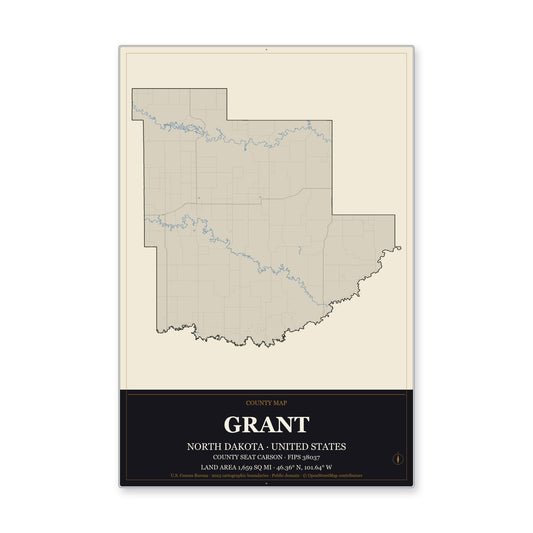 Grant County, North Dakota Map Aluminum Sign in Museum Plaque style