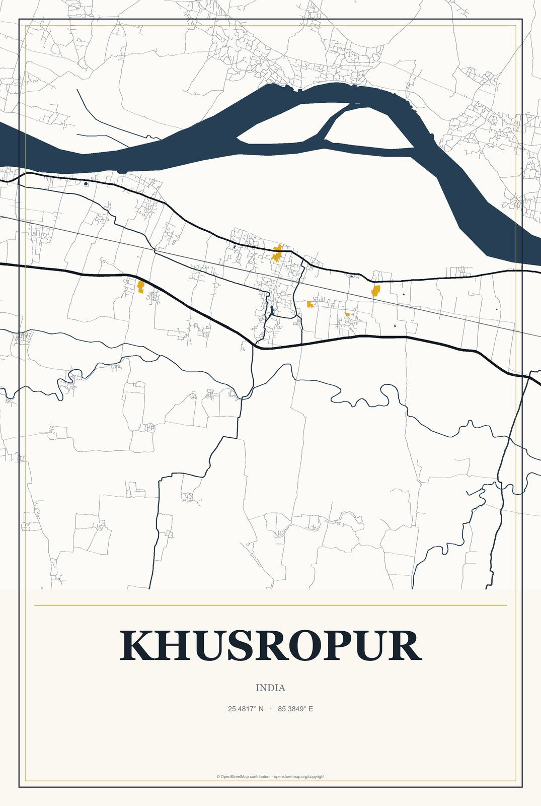 Khusropur, India City Map Aluminum Sign in Citrine Modern style