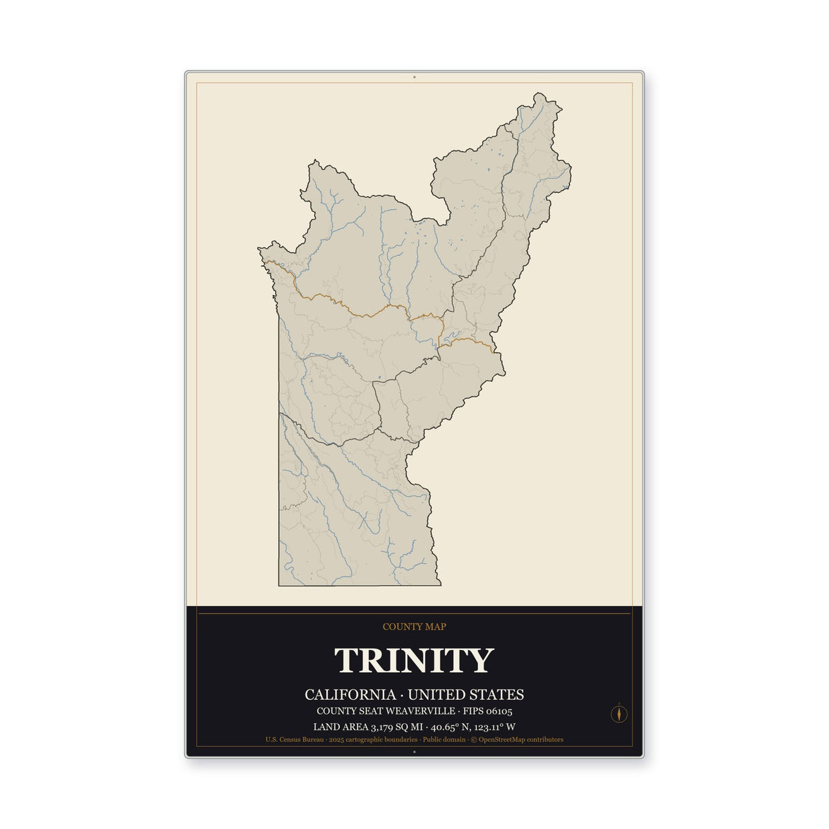 Trinity County, California Map Aluminum Sign in Museum Plaque style