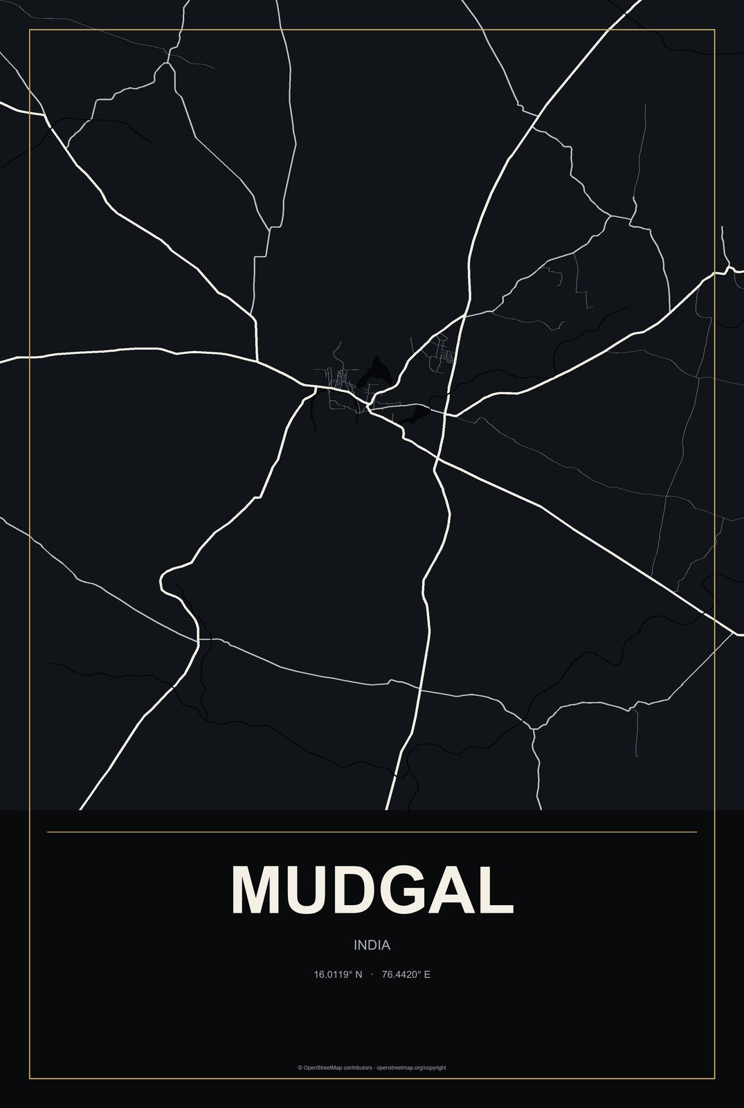 Mudgal, India City Map Aluminum Sign in Metropolitan Noir style