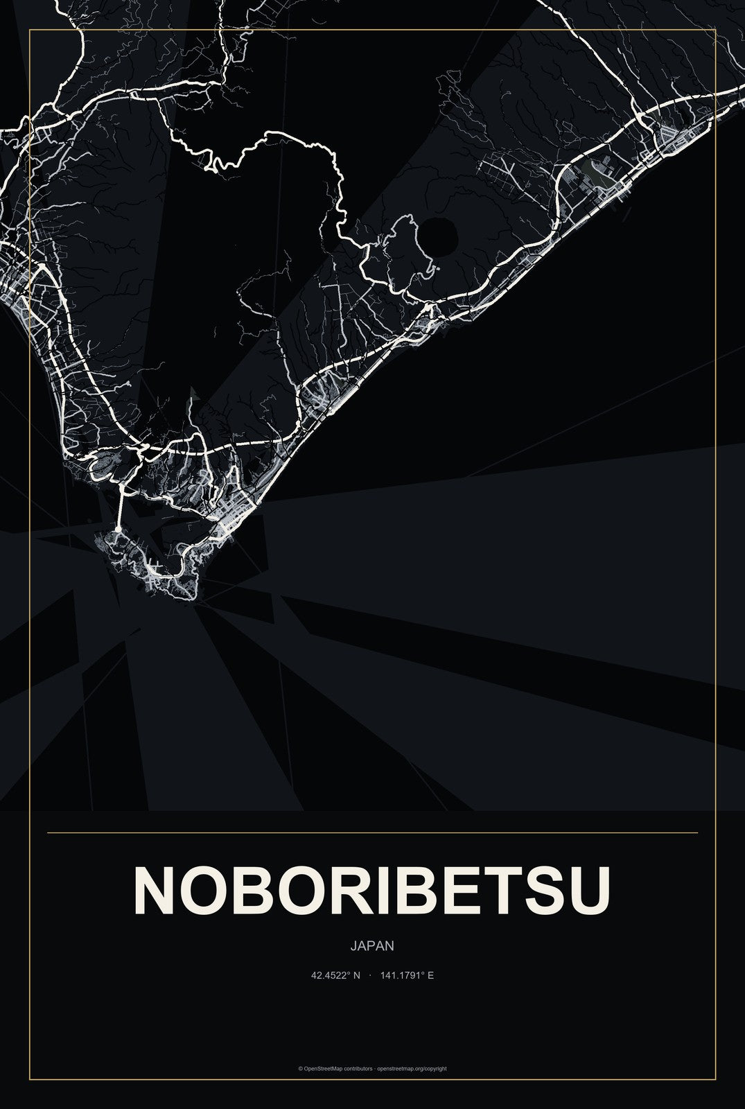Noboribetsu, Japan City Map Aluminum Sign in Metropolitan Noir style