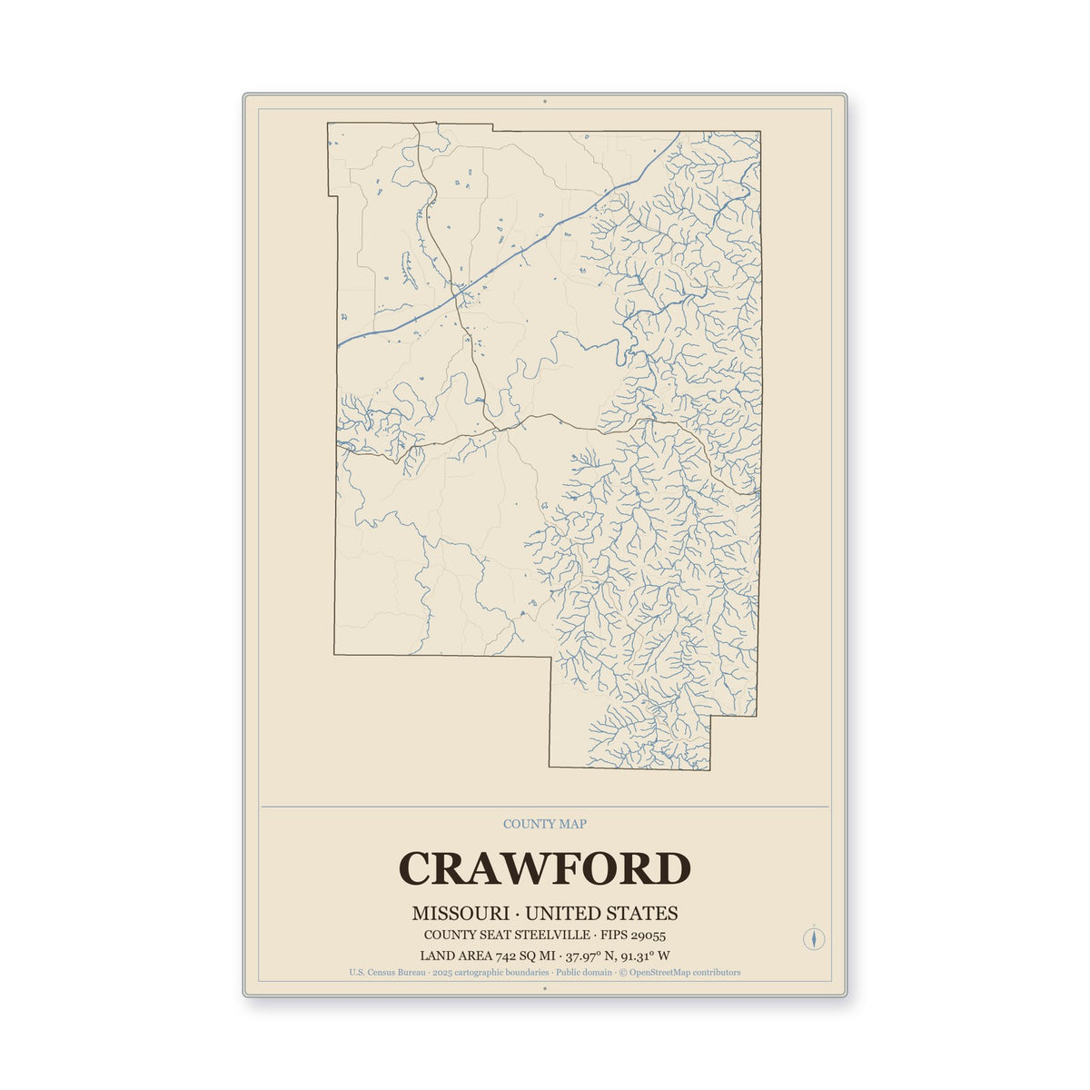 Crawford County, Missouri Map Aluminum Sign in Heritage Nautical style