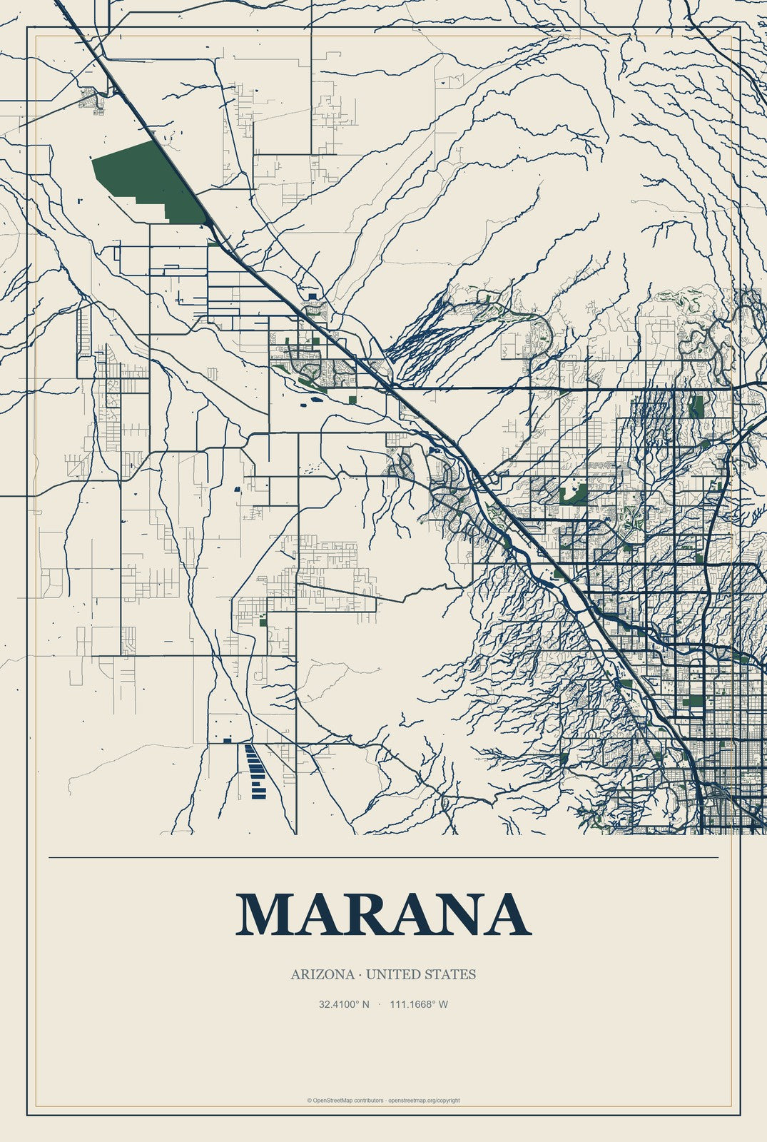 Marana, Arizona City Map Aluminum Sign in Coastal Cutout style