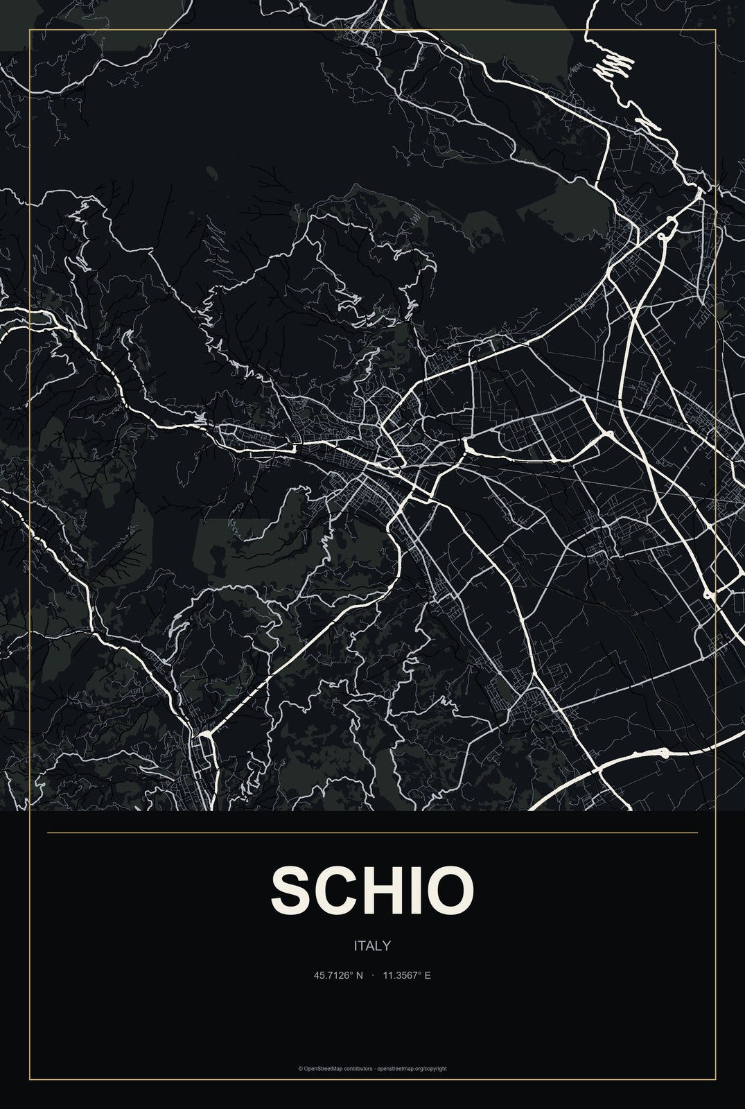 Schio, Italy City Map Aluminum Sign in Metropolitan Noir style