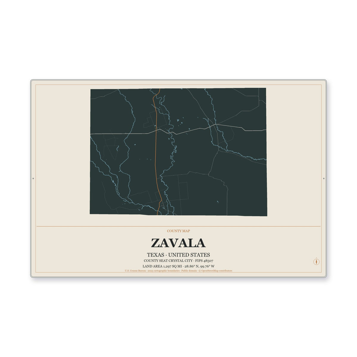 Zavala County, Texas Map Aluminum Sign in Headline Atlas style
