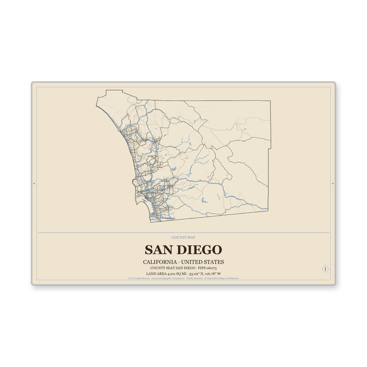 San Diego County, California Map Aluminum Sign in Heritage Nautical style