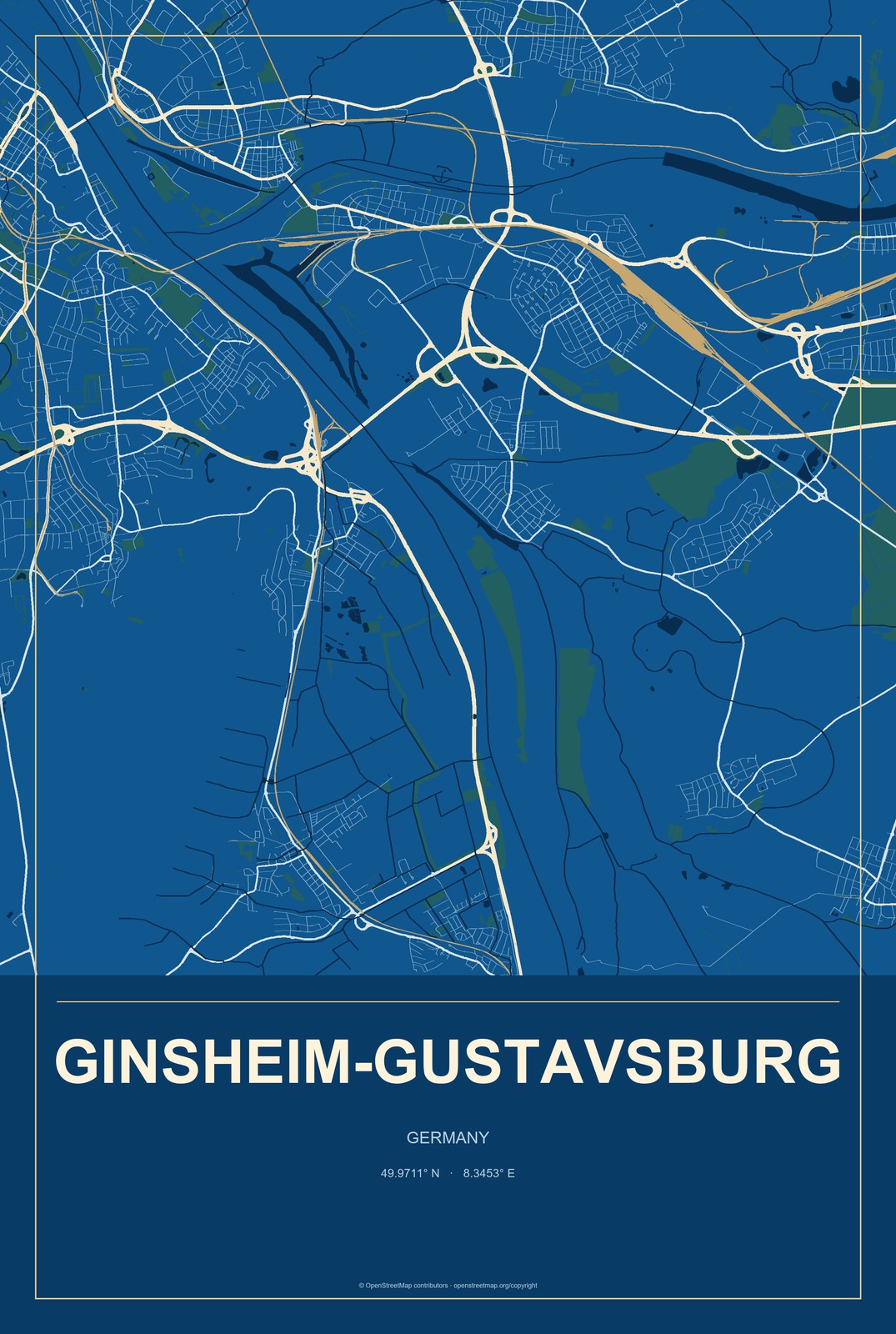 Ginsheim-Gustavsburg, Germany City Map Aluminum Sign in Harbor Cobalt style