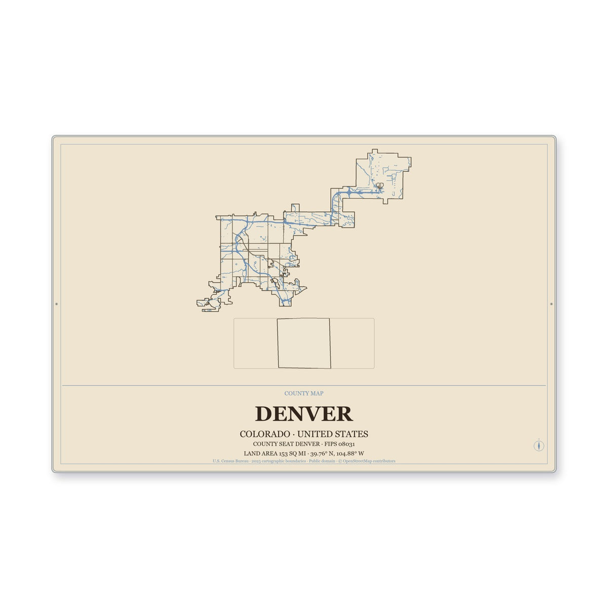 Denver County, Colorado Map Aluminum Sign in Heritage Nautical style
