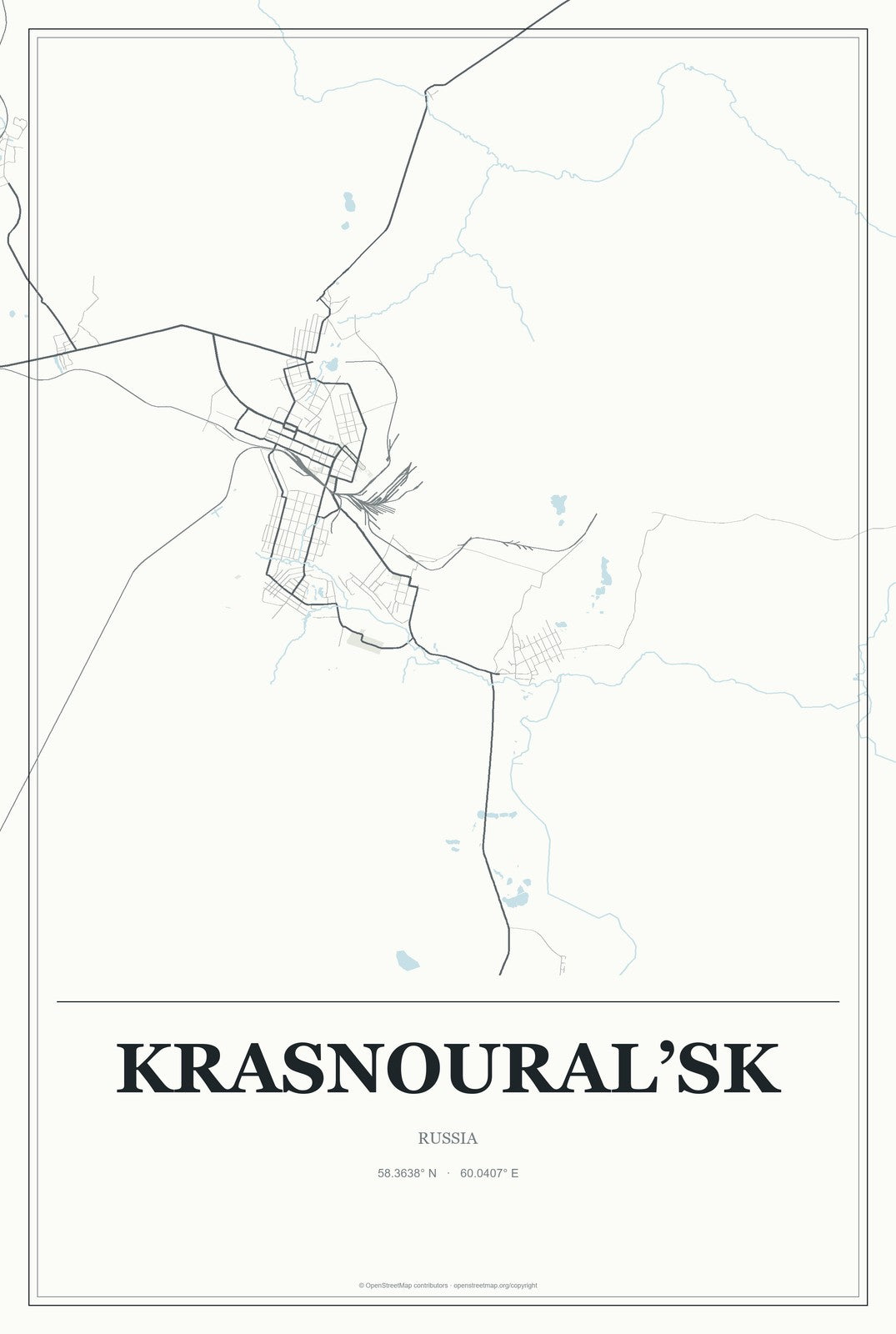 Krasnoural’sk, Russia City Map Aluminum Sign in Gallery Air style