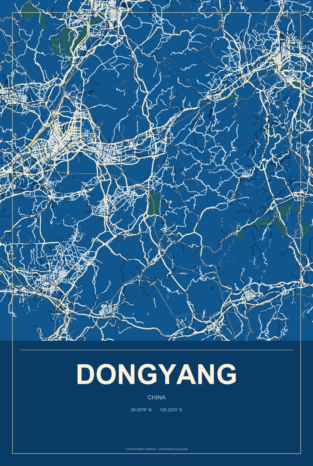 Dongyang, Chongqing, China City Map Aluminum Sign in Harbor Cobalt style