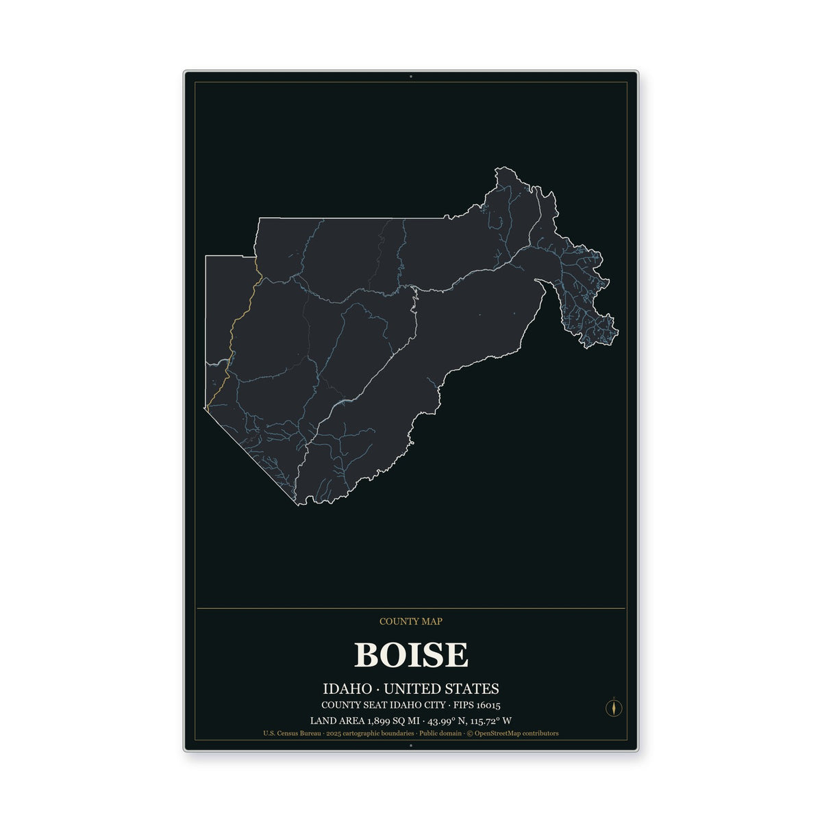Boise County, Idaho Map Aluminum Sign in Metropolitan Noir style