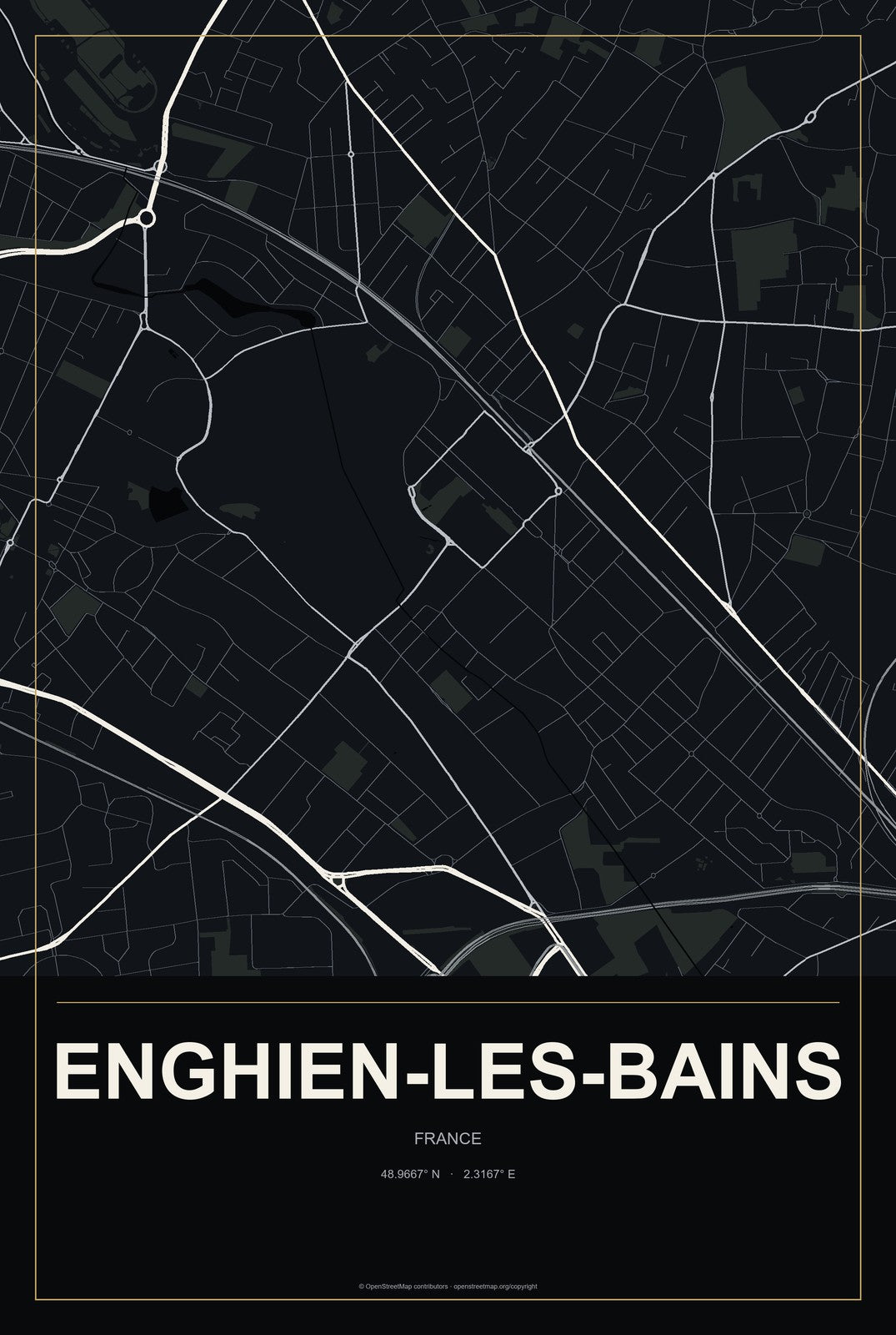 Enghien-les-Bains, France City Map Aluminum Sign in Metropolitan Noir style