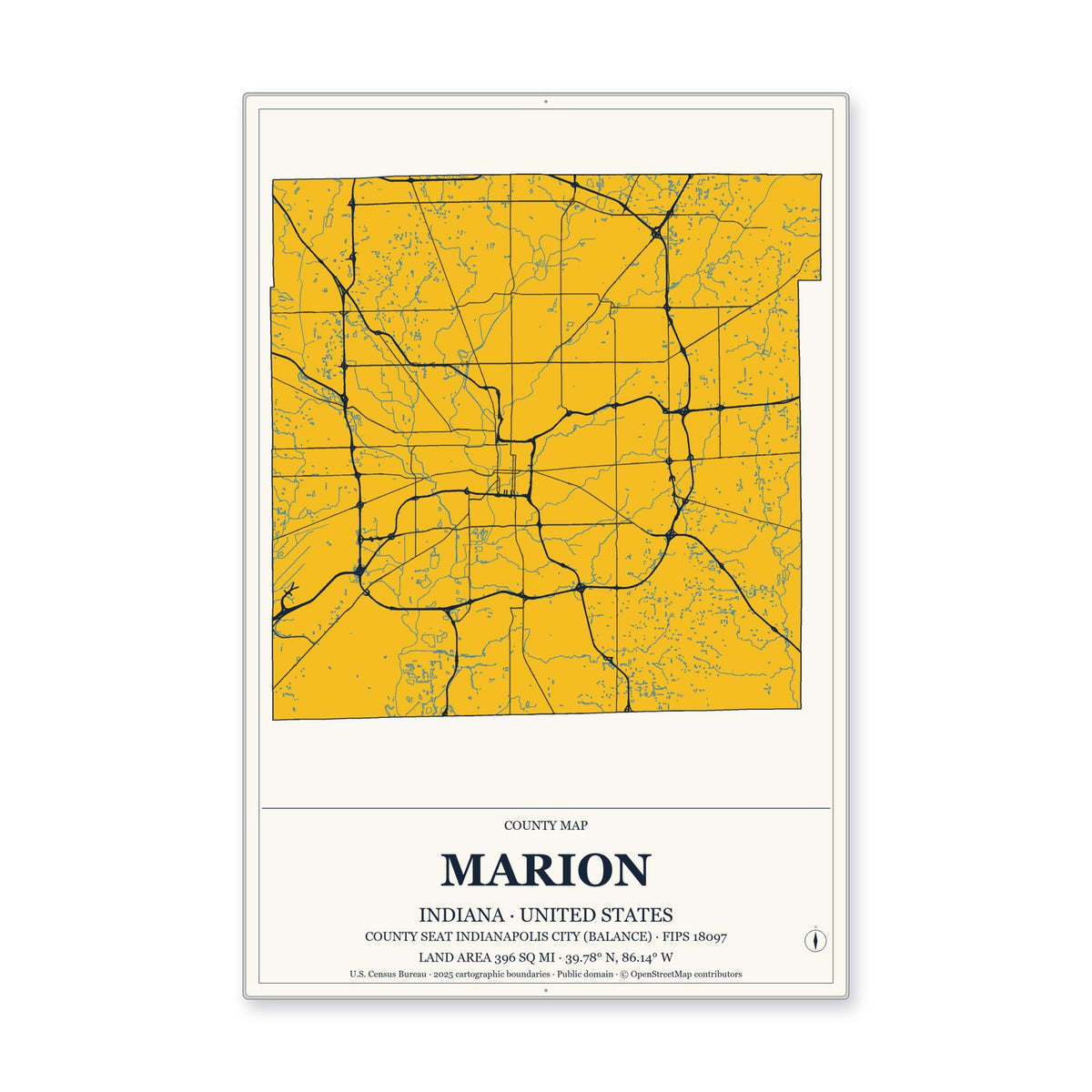 Marion County, Indiana Map Aluminum Sign in Citrine Modern style