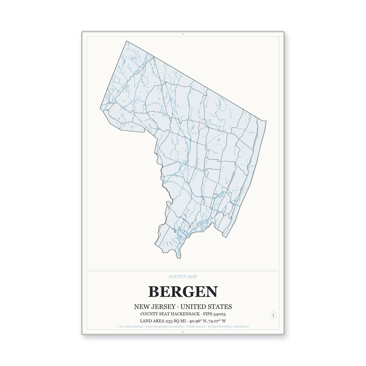 Bergen County, New Jersey Map Aluminum Sign in Gallery Air style