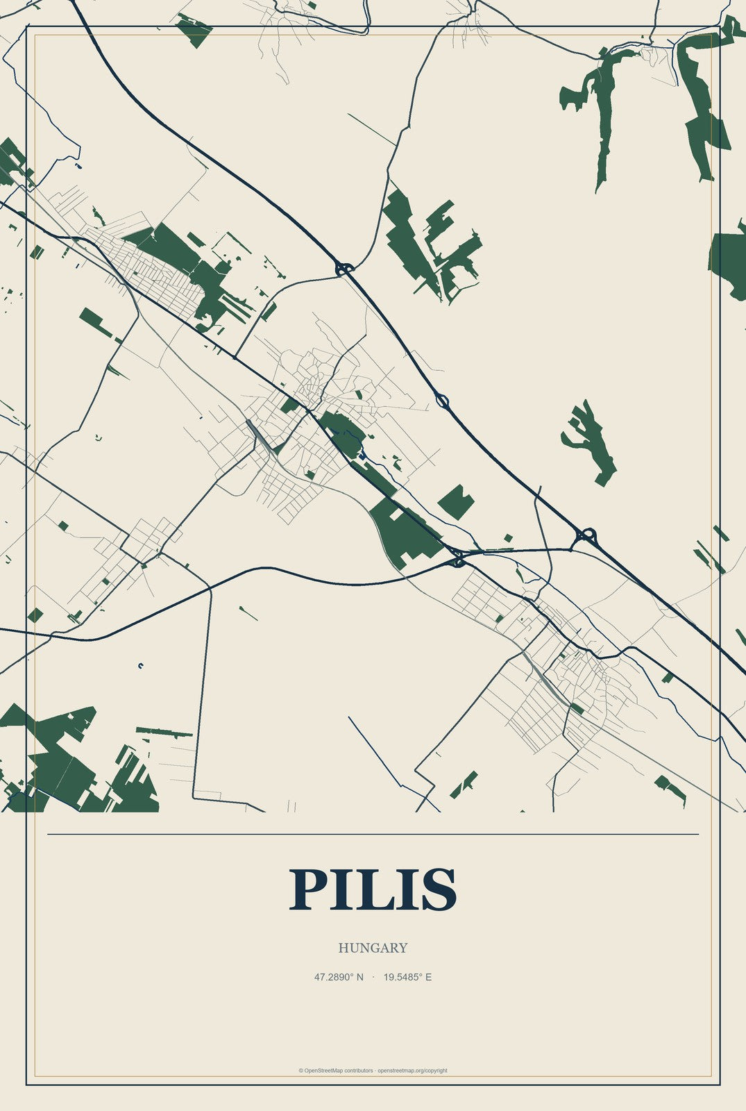Pilis, Hungary City Map Aluminum Sign in Coastal Cutout style