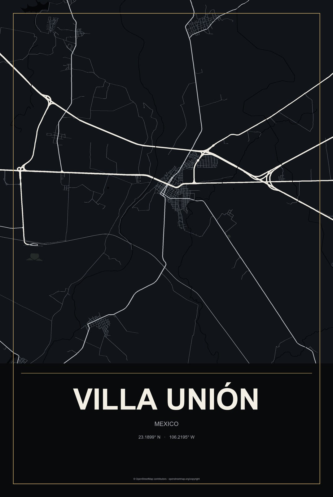 Villa Unión, Sinaloa, Mexico City Map Aluminum Sign in Metropolitan Noir style