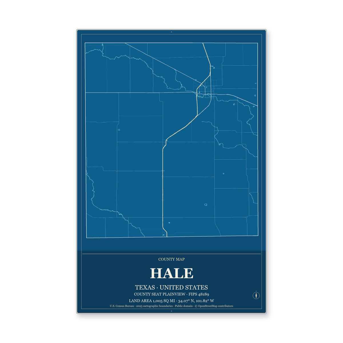 Hale County, Texas Map Aluminum Sign in Harbor Cobalt style