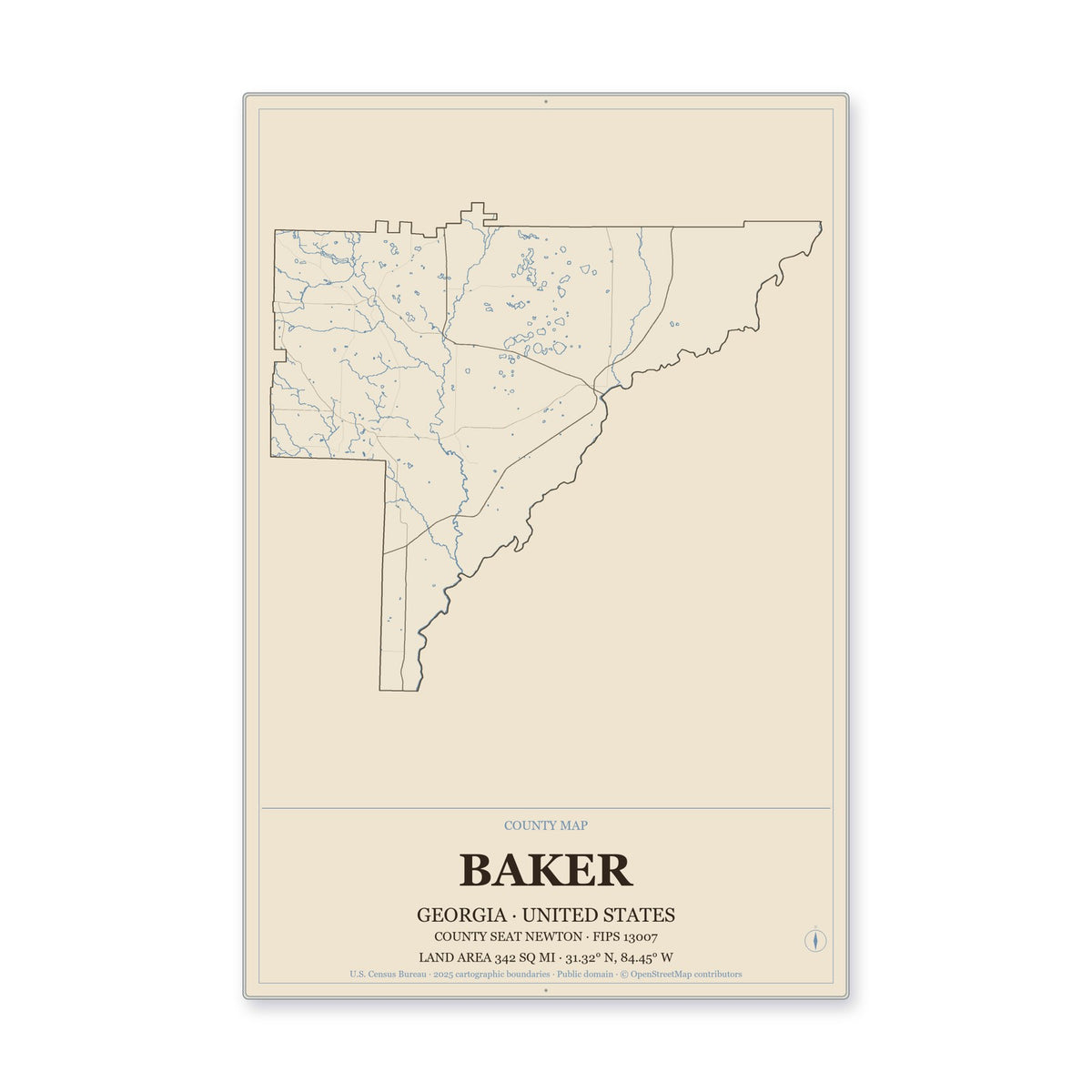 Baker County, Georgia Map Aluminum Sign in Heritage Nautical style