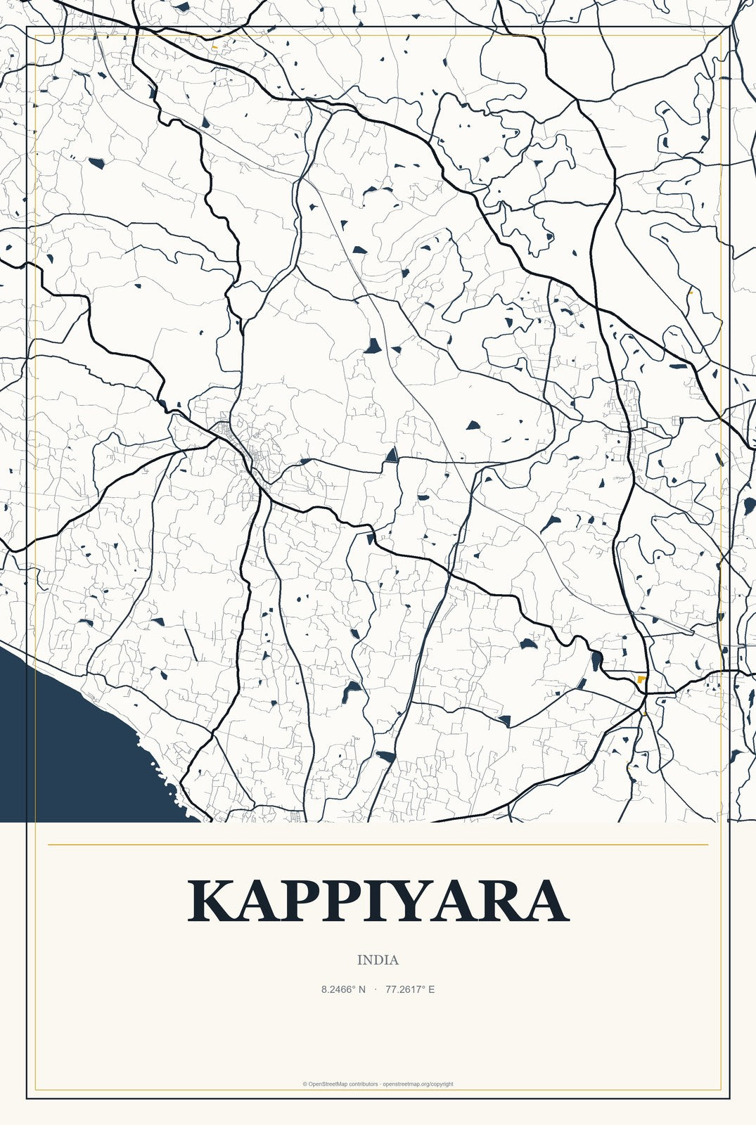 Kappiyara, India City Map Aluminum Sign in Citrine Modern style