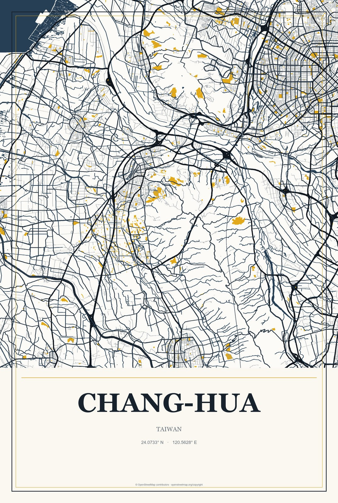 Chang-hua, Taiwan City Map Aluminum Sign in Citrine Modern style