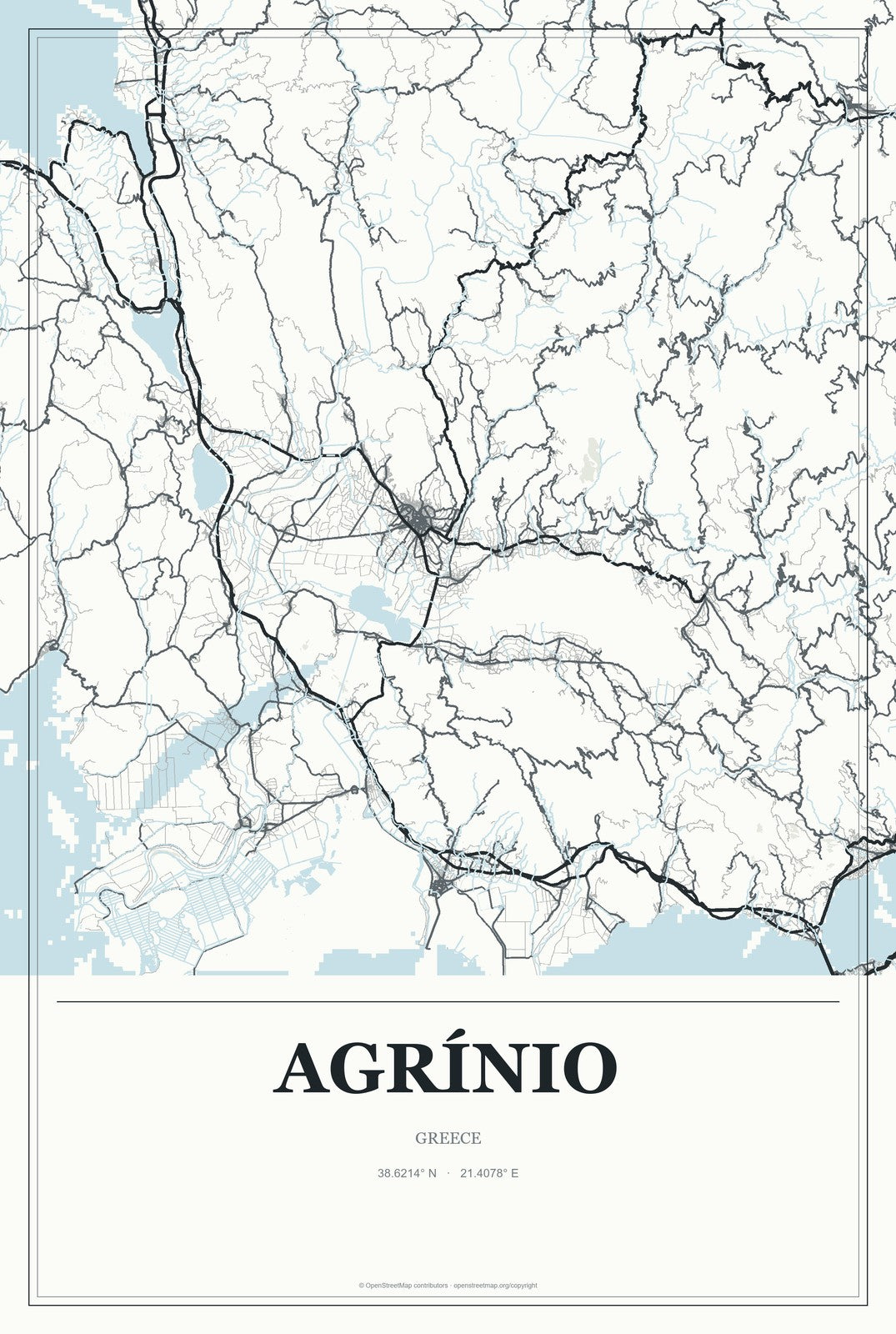 Agrínio, Greece City Map Aluminum Sign in Gallery Air style
