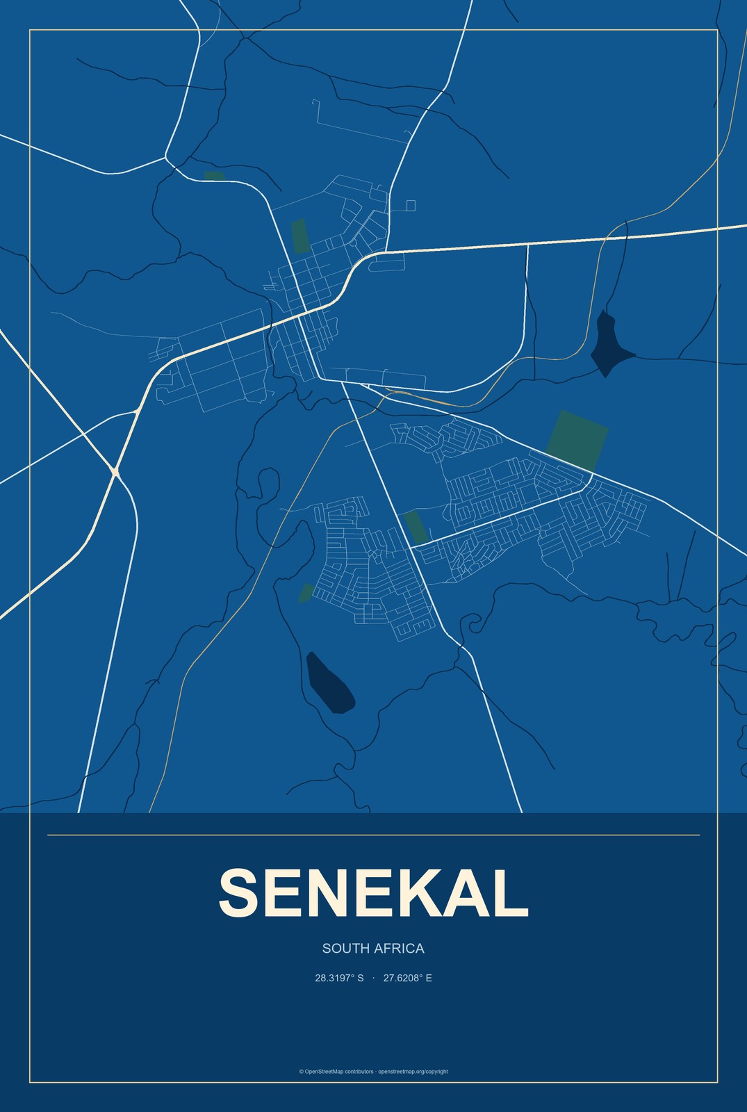 Senekal, South Africa City Map Aluminum Sign in Harbor Cobalt style