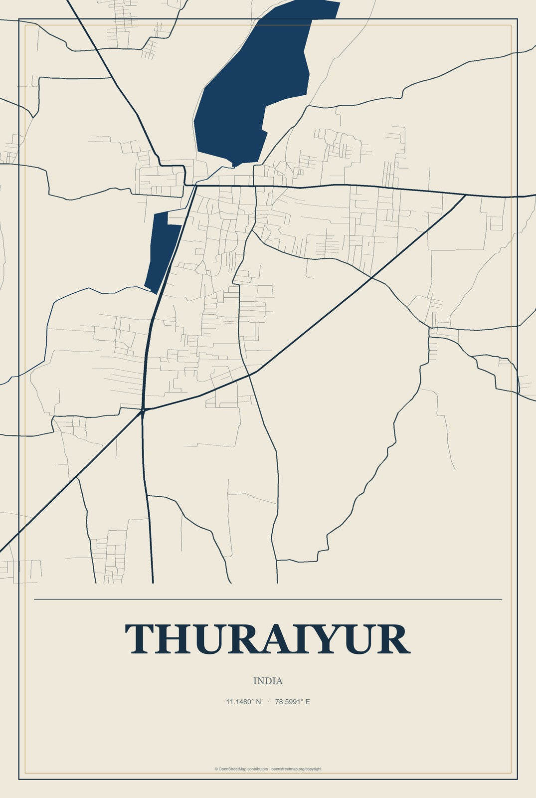 Thuraiyur, India City Map Aluminum Sign in Coastal Cutout style