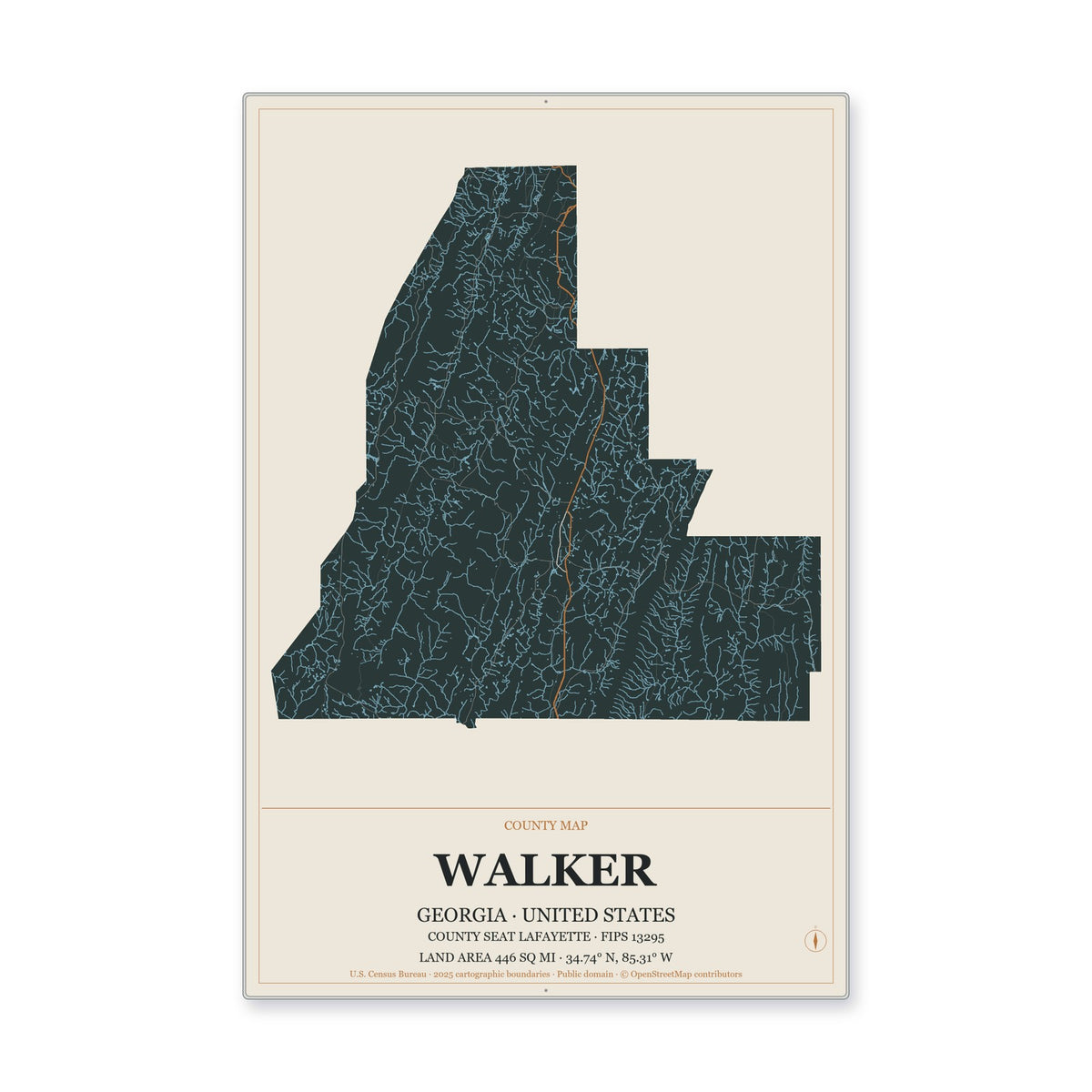 Walker County, Georgia Map Aluminum Sign in Headline Atlas style