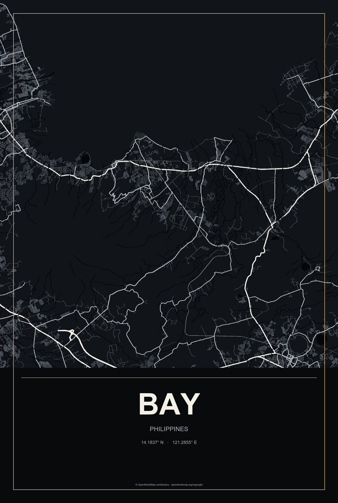 Bay, Philippines City Map Aluminum Sign in Metropolitan Noir style