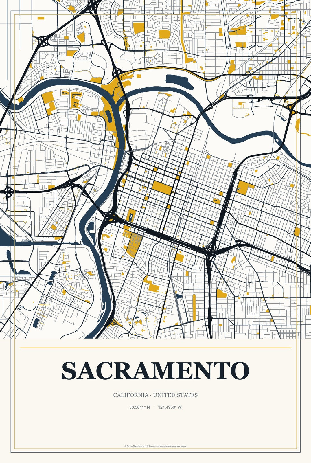 Sacramento, California City Map Aluminum Sign in Citrine Modern style