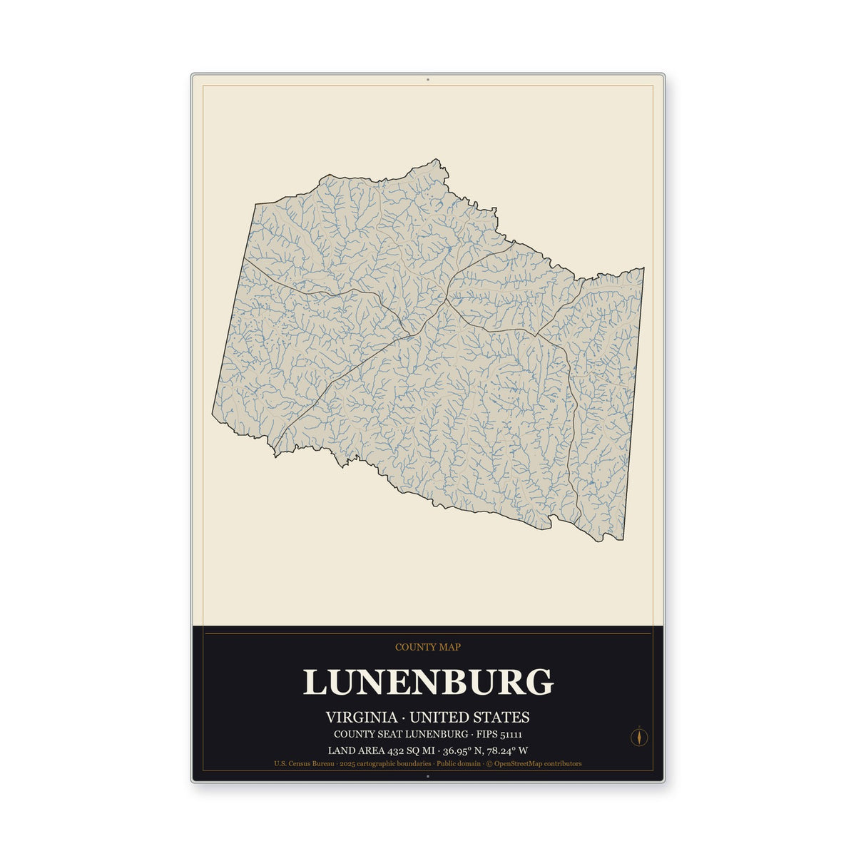 Lunenburg County, Virginia Map Aluminum Sign in Museum Plaque style