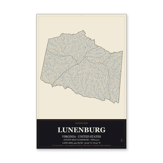 Lunenburg County, Virginia Map Aluminum Sign in Museum Plaque style