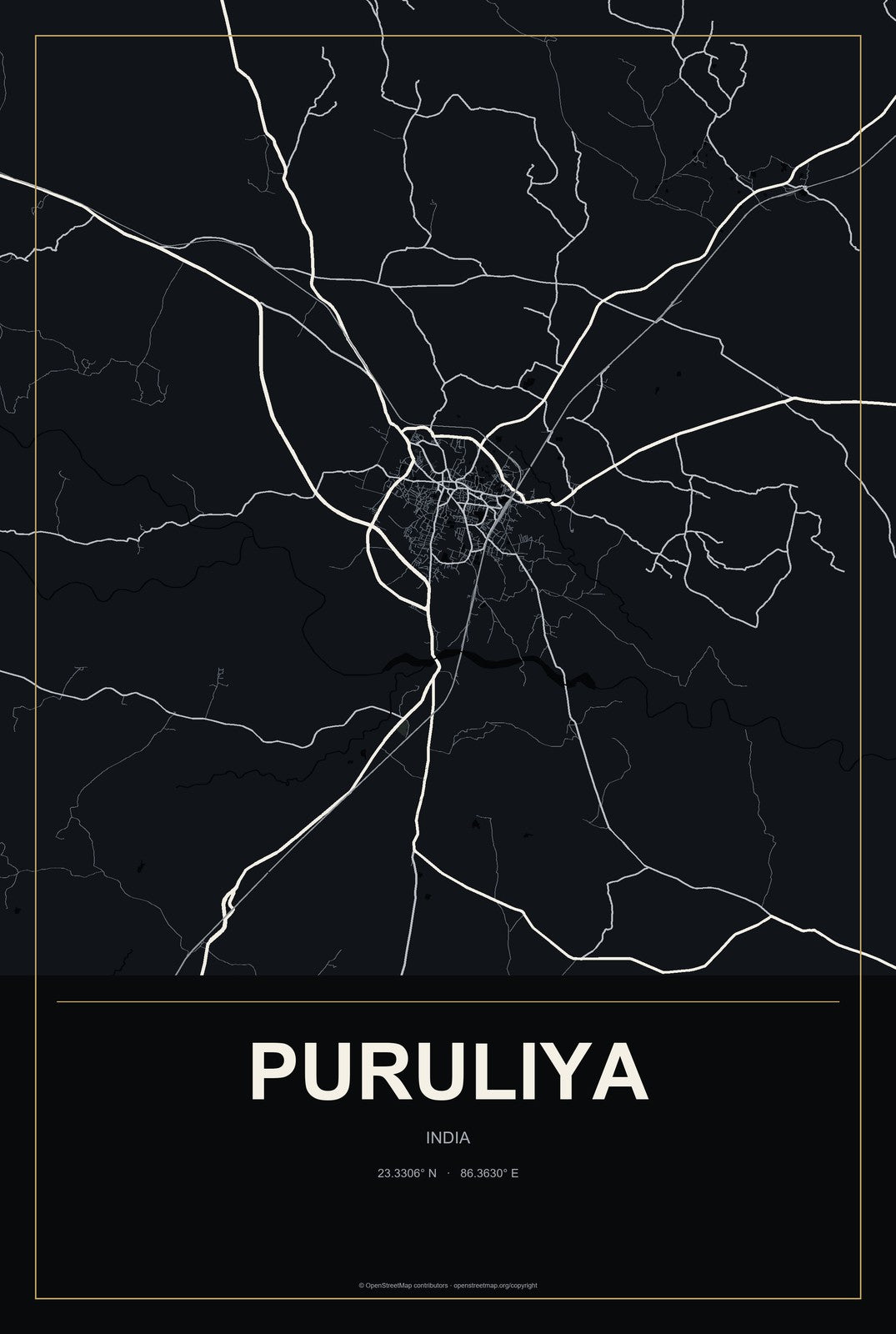 Puruliya, India City Map Aluminum Sign in Metropolitan Noir style
