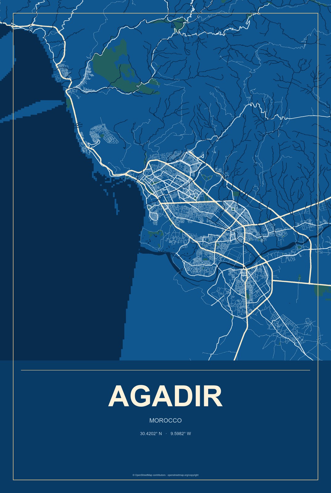 Agadir, Morocco City Map Aluminum Sign in Harbor Cobalt style