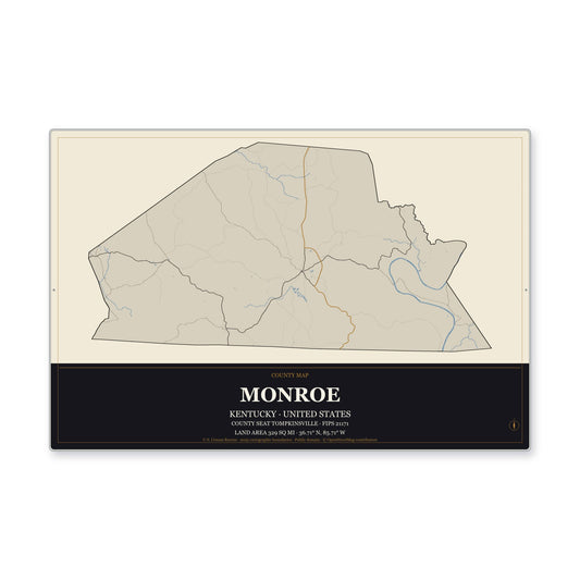 Monroe County, Kentucky Map Aluminum Sign in Museum Plaque style