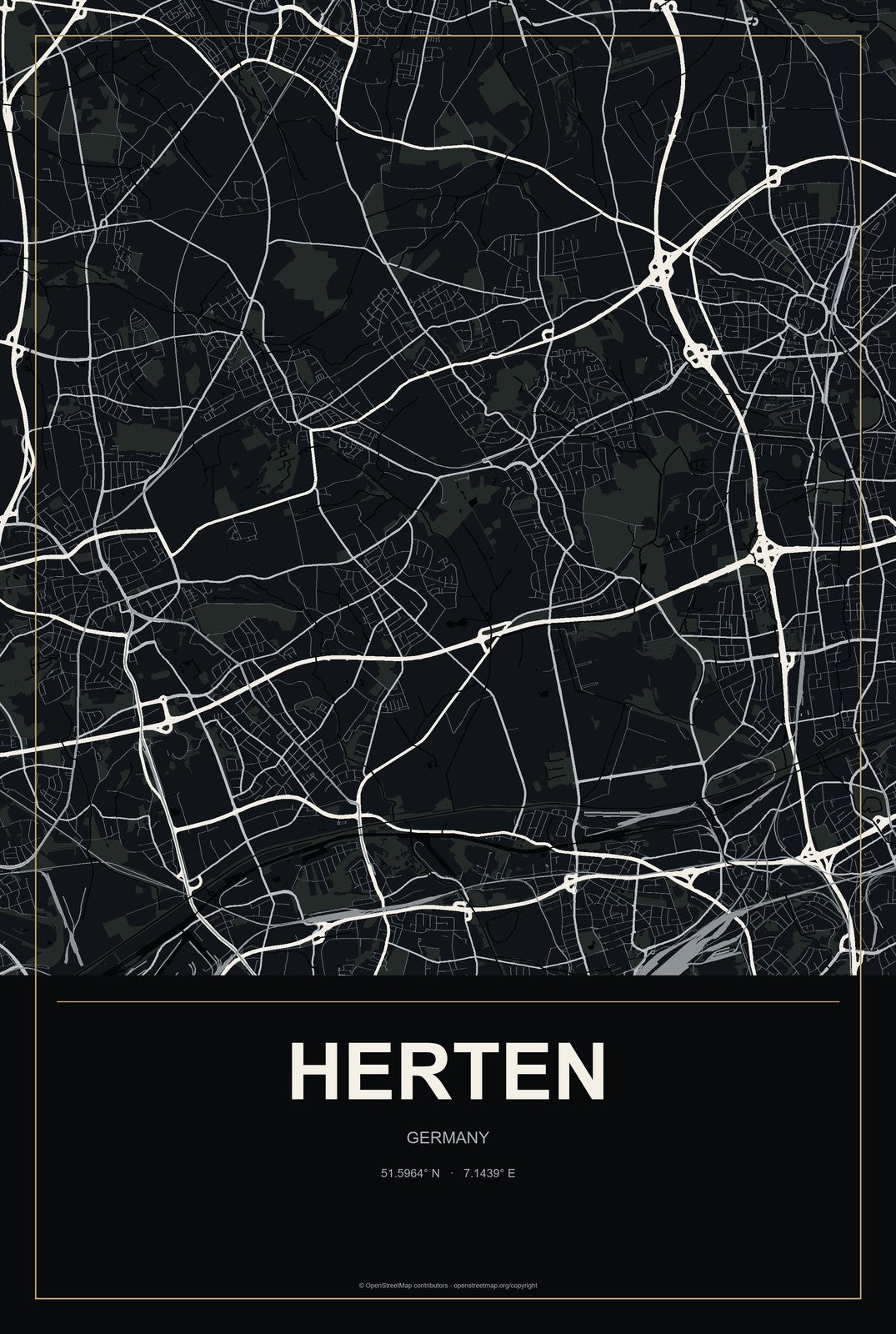 Herten, Germany City Map Aluminum Sign in Metropolitan Noir style
