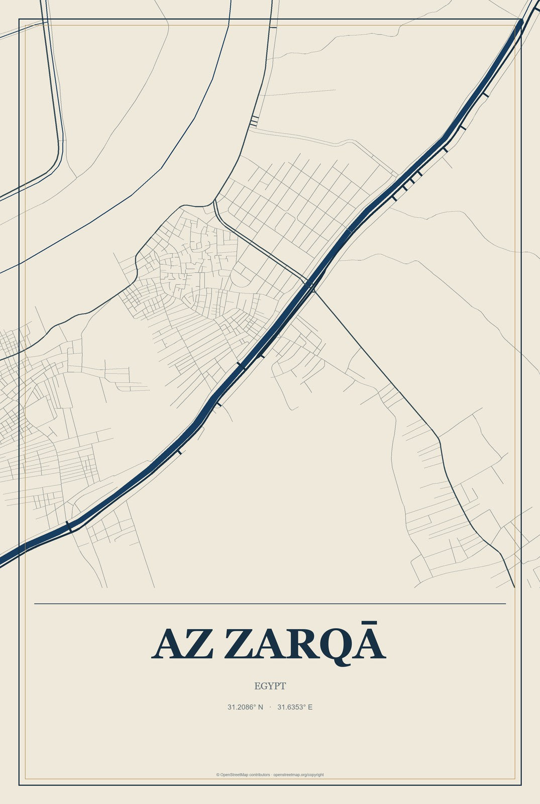Az Zarqā, Egypt City Map Aluminum Sign in Coastal Cutout style