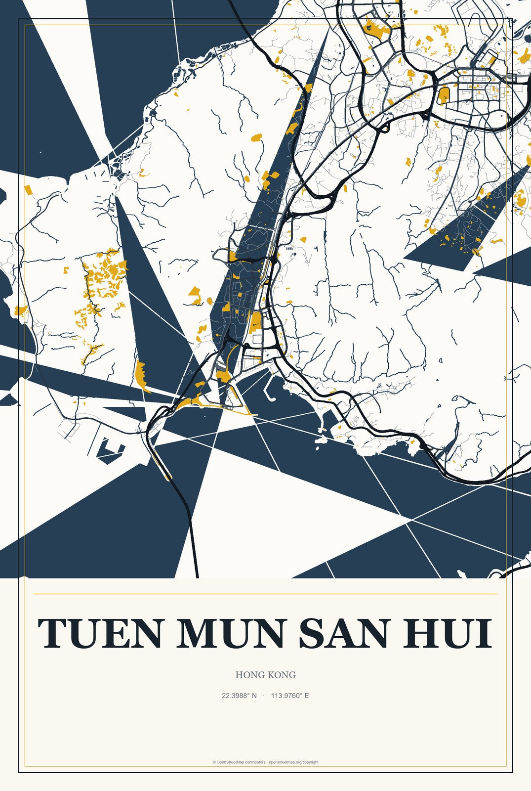 Tuen Mun San Hui, Hong Kong City Map Aluminum Sign in Citrine Modern style
