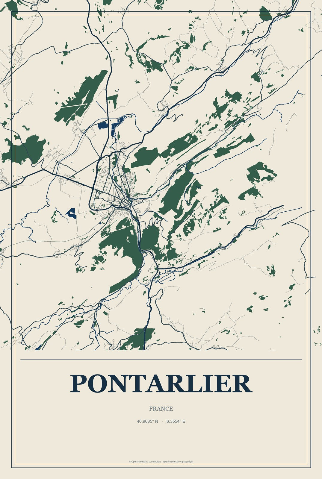 Pontarlier, France City Map Aluminum Sign in Coastal Cutout style
