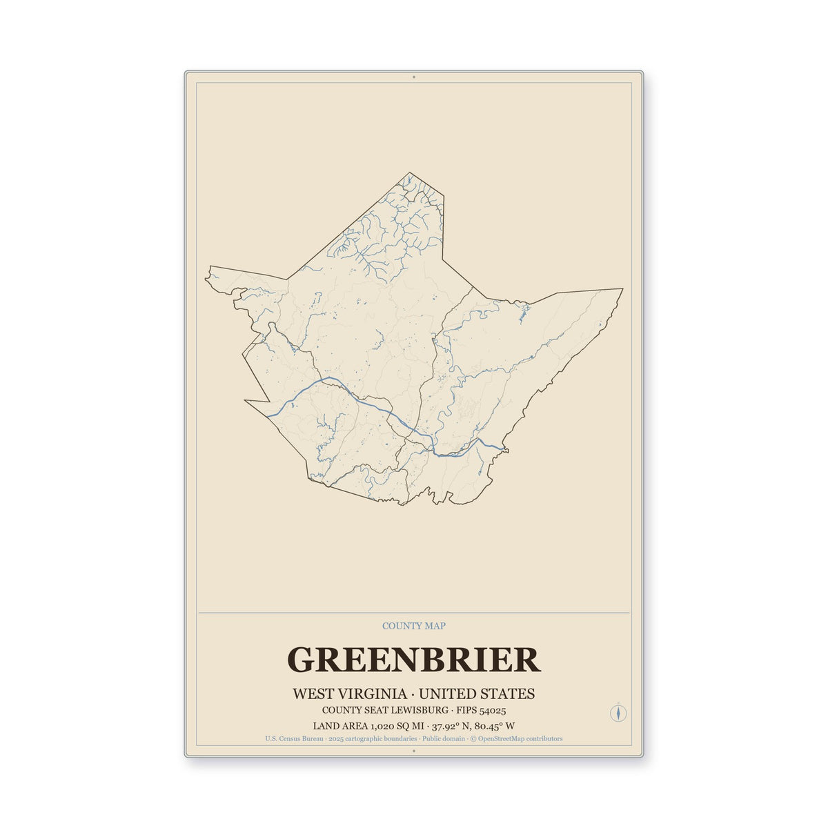 Greenbrier County, West Virginia Map Aluminum Sign in Heritage Nautical style