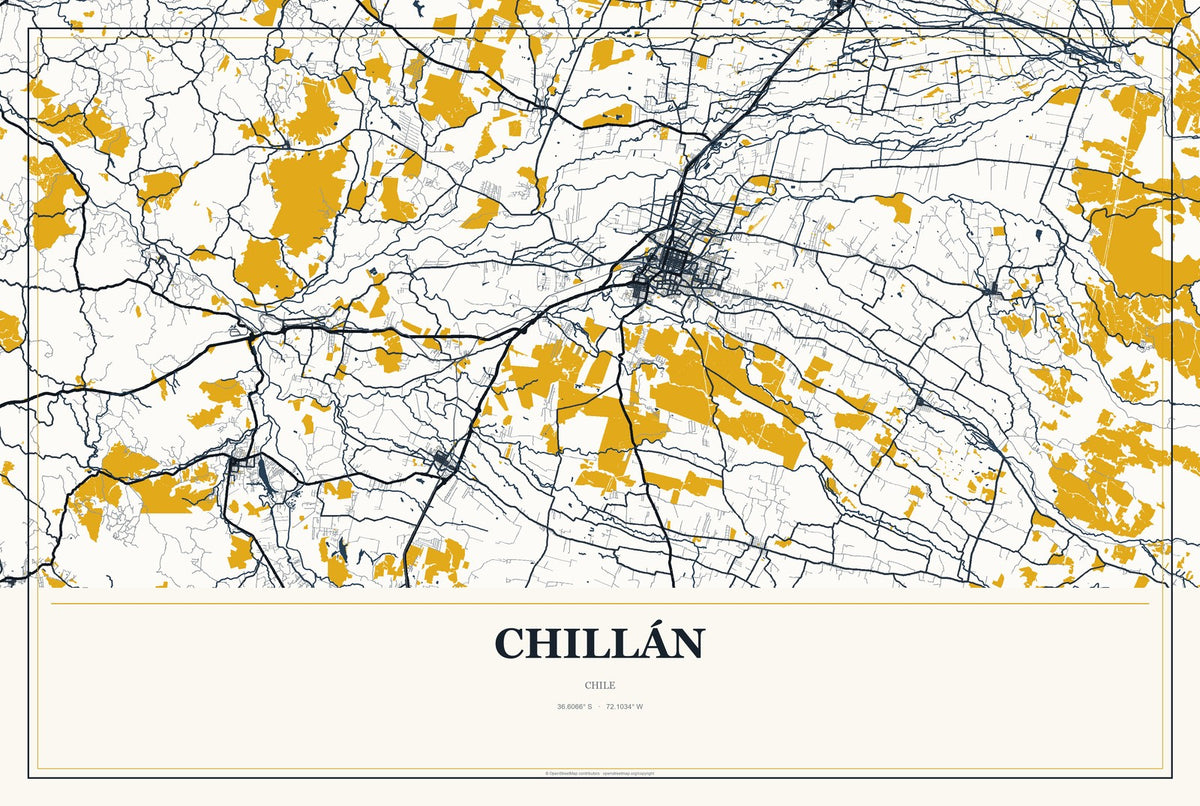 Chillán, Chile City Map Aluminum Sign in Citrine Modern style