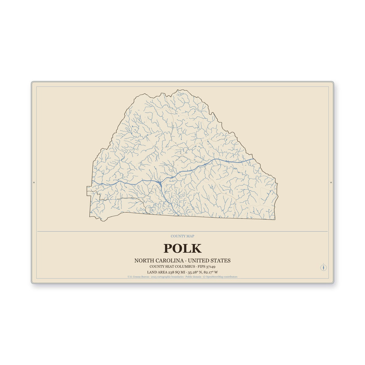 Polk County, North Carolina Map Aluminum Sign in Heritage Nautical style
