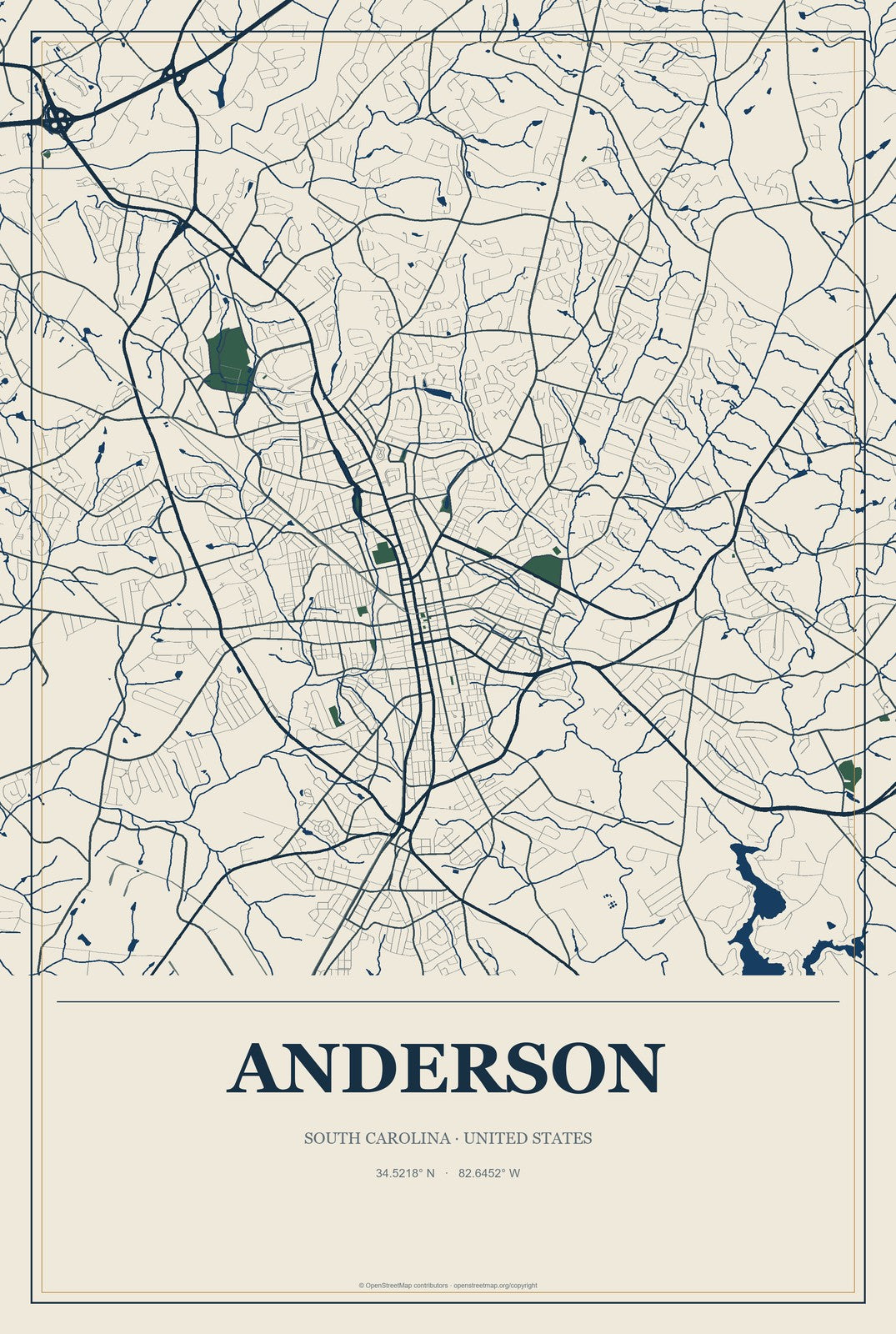 Anderson, South Carolina City Map Aluminum Sign in Coastal Cutout style