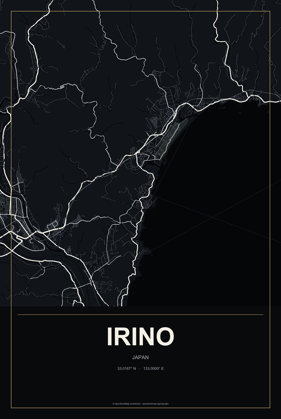 Irino, Japan City Map Aluminum Sign in Metropolitan Noir style