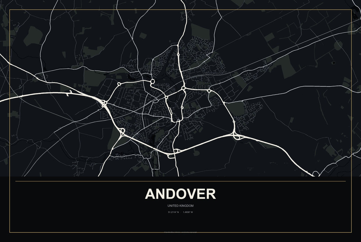Andover, United Kingdom City Map Aluminum Sign in Metropolitan Noir style