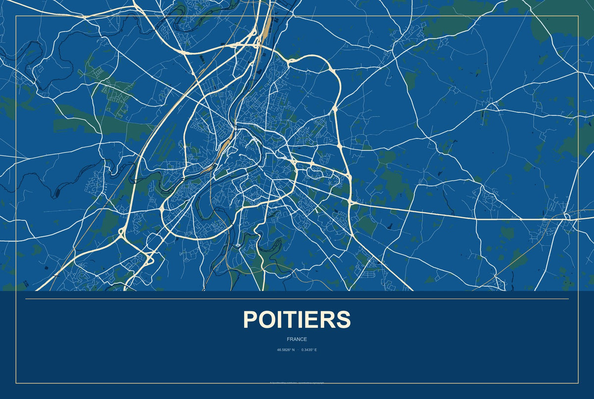 Poitiers, France City Map Aluminum Sign in Harbor Cobalt style