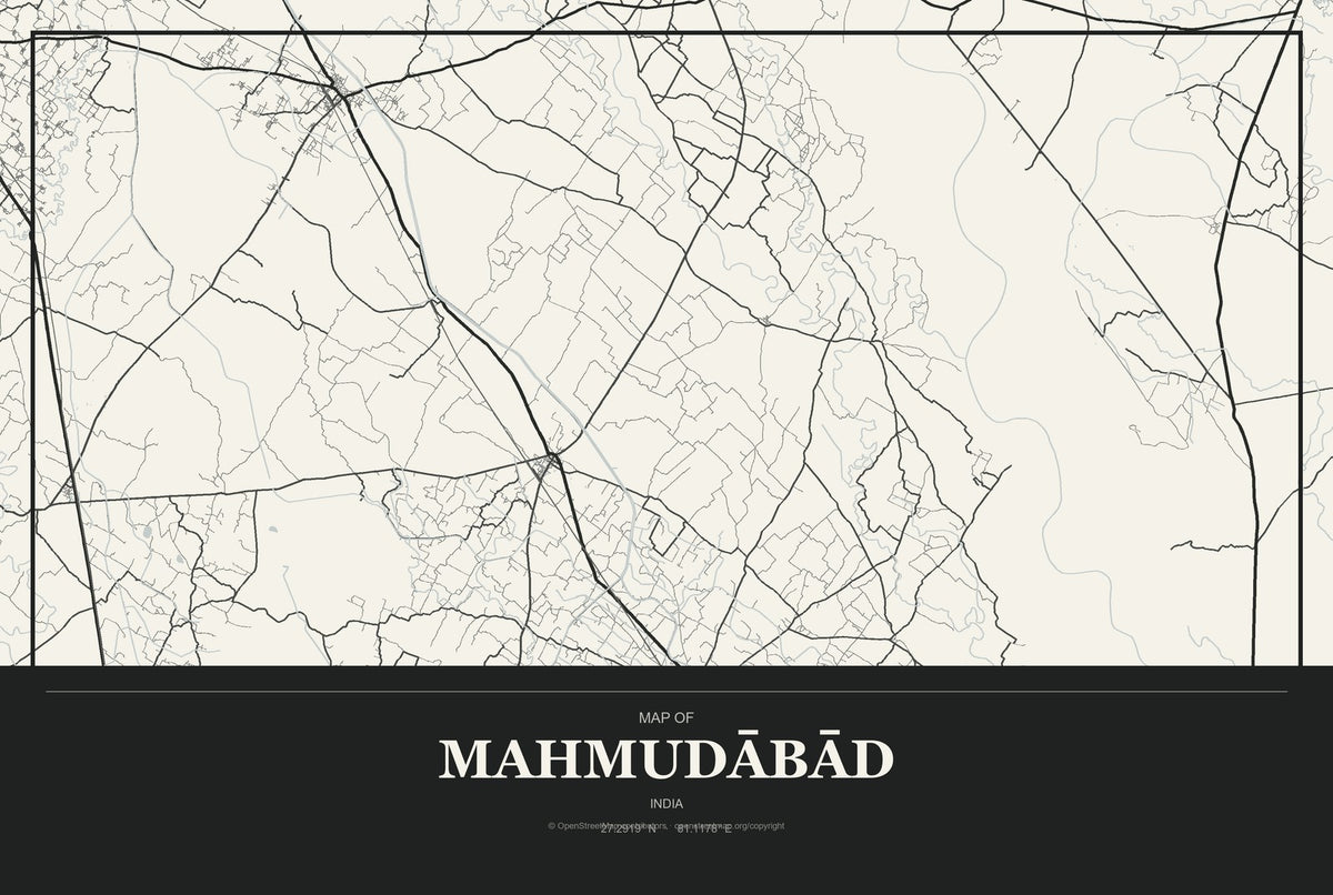 Mahmudābād, India City Map Aluminum Sign in Museum Plaque style