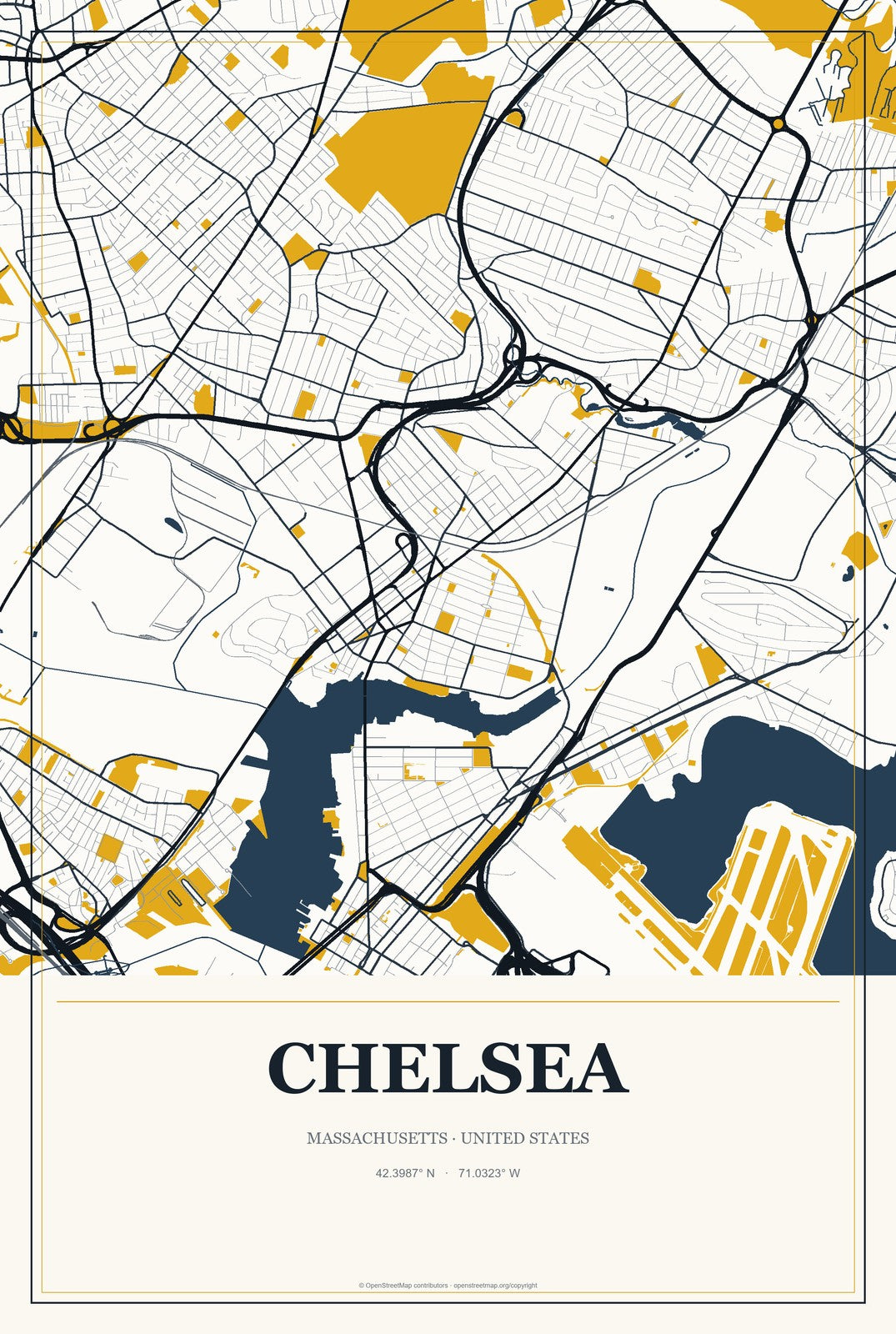 Chelsea, Massachusetts City Map Aluminum Sign in Citrine Modern style