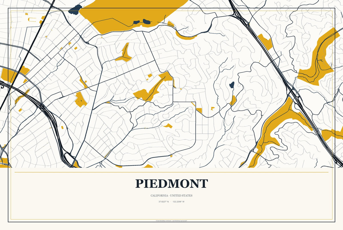 Piedmont, California City Map Aluminum Sign in Citrine Modern style